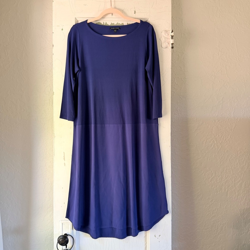 Eileen Fisher Royal Blue 100% Silk Mixed Media Shift Dress Small S16GK
